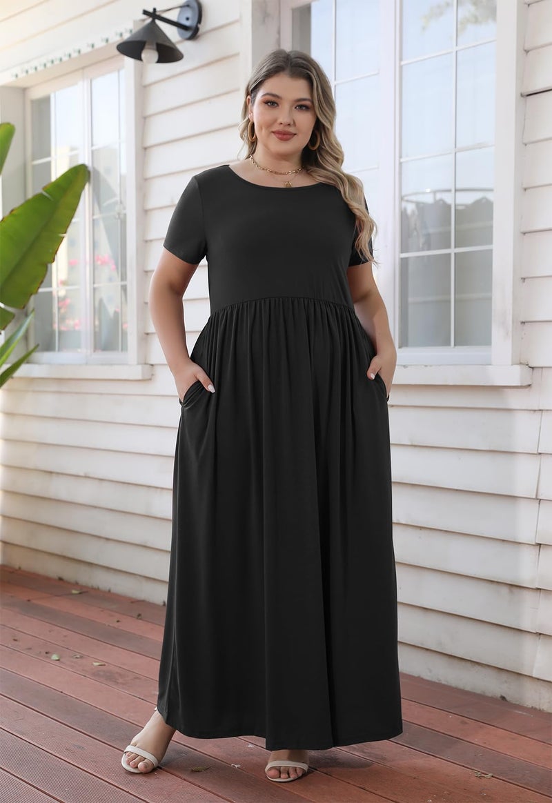 Nemidor Plus Size Maxi Dresses for Curvy Women Summer Casual Loose Short Sleeve Long Beach Dress with Pocket(149,14,Black) - Image 3